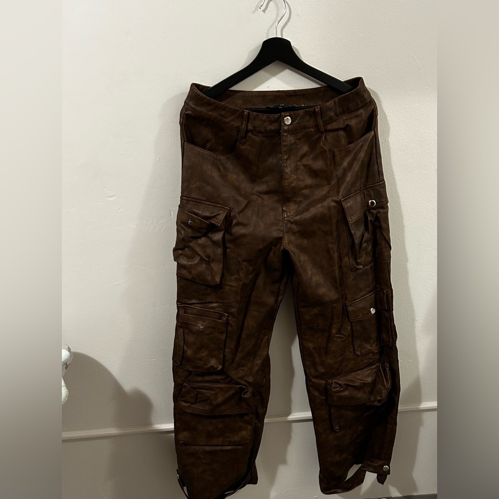 Brown faux leather cargo pants